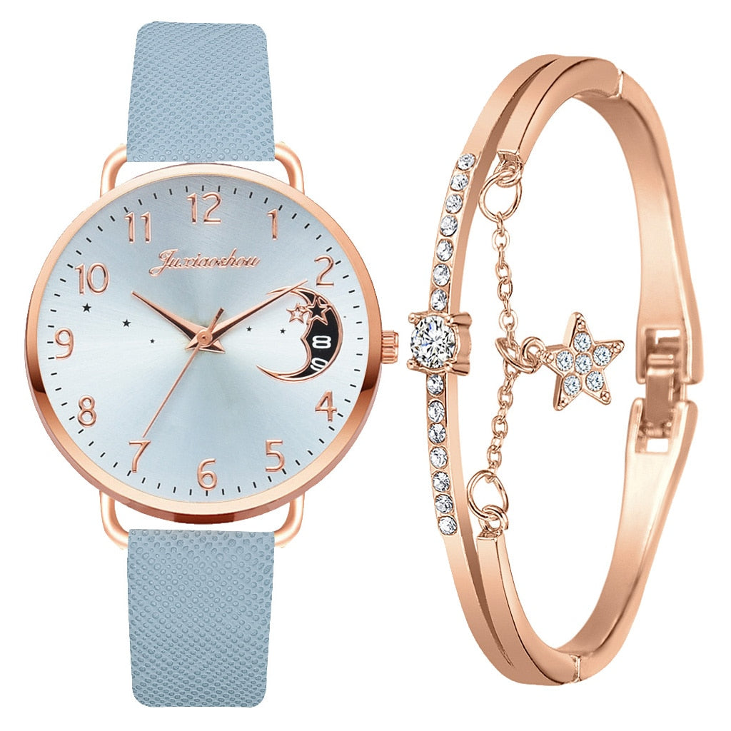 Moon Phase Dial Watch and Bracelet Set