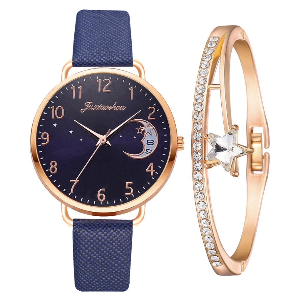 Moon Phase Dial Watch and Bracelet Set