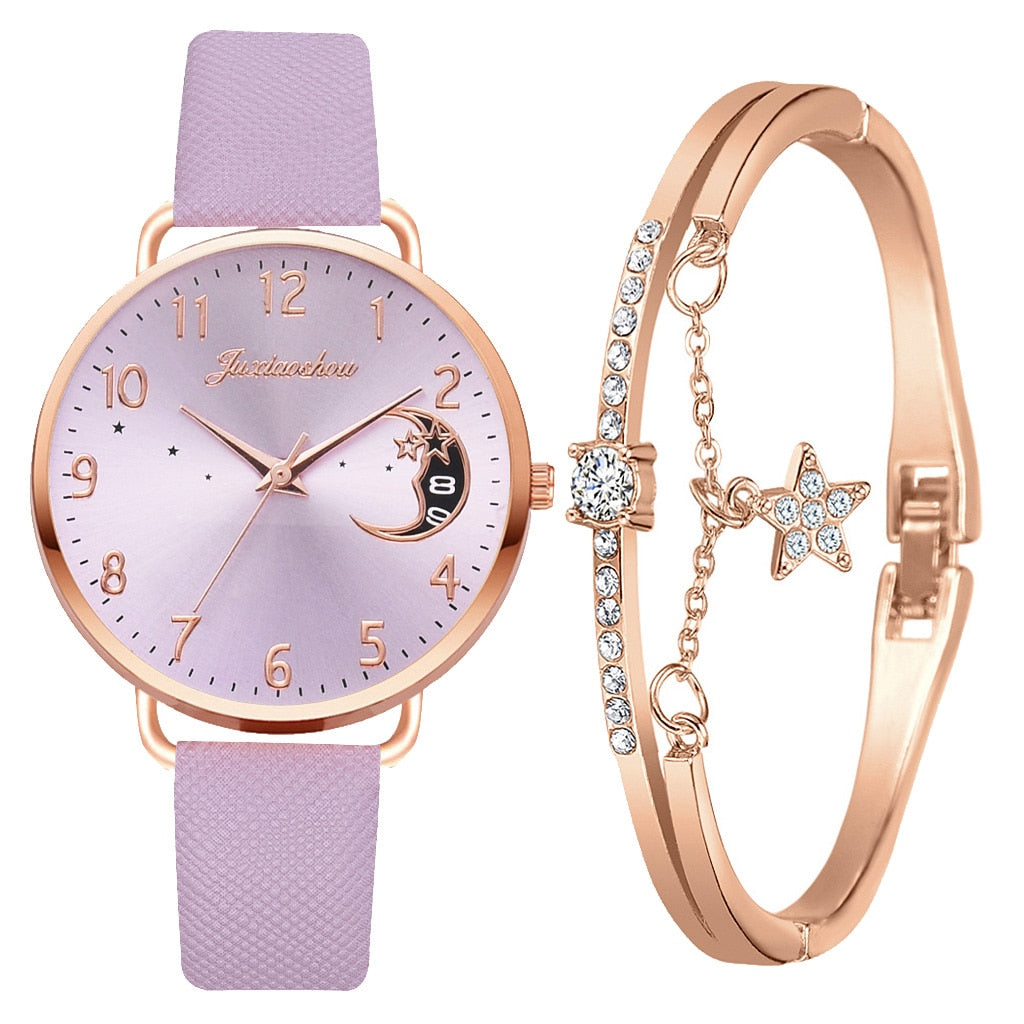 Moon Phase Dial Watch and Bracelet Set