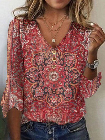 SOPHIA | RED PRINT 3/4 SLEEVE V-NECK TOP